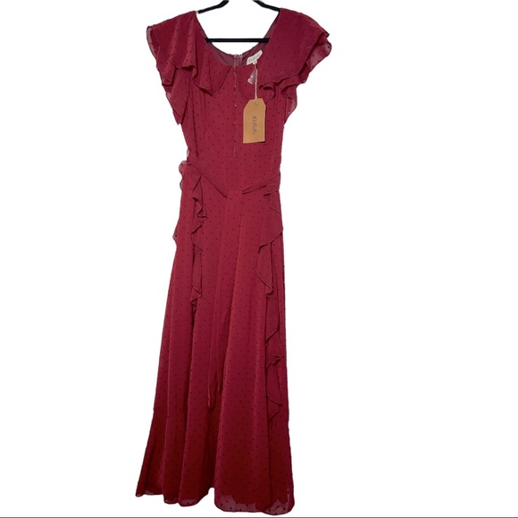 Gorgeous Listicle Burgandy Textured Maxi Flowy Ruffle Design Size M Boutique - Picture 6 of 7